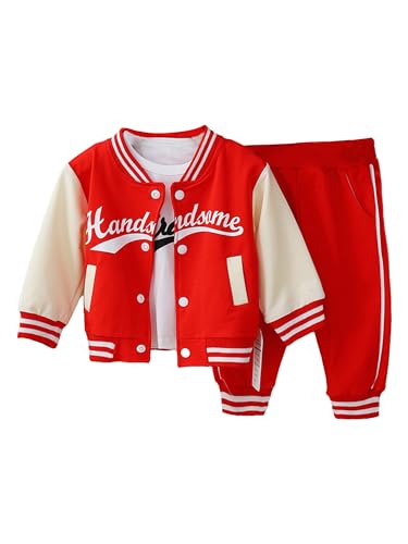 Freebily Kleinkind Baby Outfit Jungen Mädchen Trainingsanzüge Baseball Sweatjacke Hose Langarmshirt Sport Freizeit Babykleidung 3er / 2er Set A_Rot 68-80 von Freebily