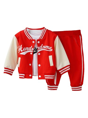 Freebily Kleinkind Baby Outfit Jungen Mädchen Trainingsanzüge Baseball Sweatjacke Hose Langarmshirt Sport Freizeit Babykleidung 3er Set A_Rot 68-80 von Freebily