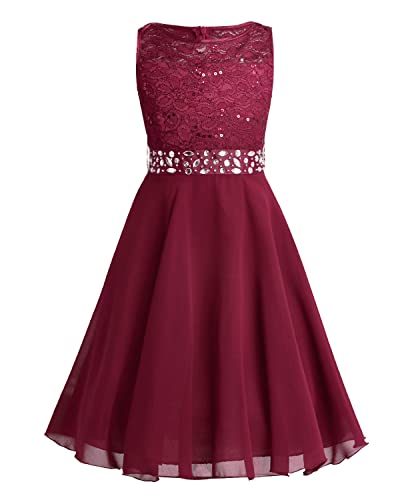 Freebily Mädchen Festliche Kleider Spitze Chiffonkleid Hochzeit Brautjungfer Blumenmädchenkleid Festzug Partykleid Prinzessin Kleider in Gr. 92-176 Rot 140 von Freebily