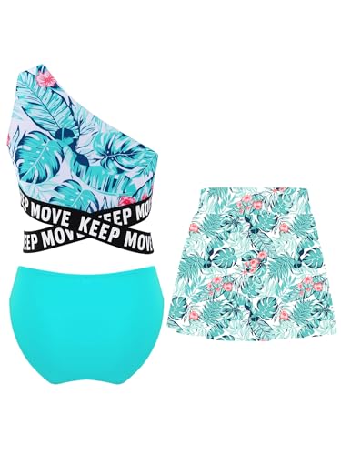 Freebily Mädchen Badeanzug 3tlg. Bikini Set Mit Beduckte EIN-Schulter Top Slip Und Baderock Kinder Strand Schwimmkleidung Hellgrün 170-176 von Freebily
