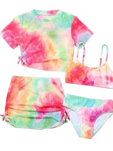 Freebily Mädchen Badeanzug 4 Teiler UV Schutz T-Shirt Bikini Oberteil Unterteil Und Rock Set Kinder Sonnenschutz Schwimmbekleidung Strandmode Rot_A 140-146 von Freebily