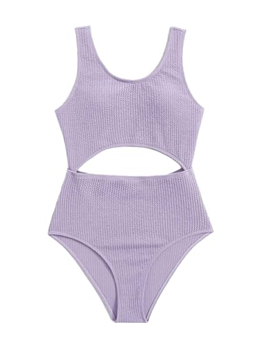 Freebily Mädchen Badeanzug Einteiliger Gerippter Ausgeschnitter Bikini Kinder Bademode Schwimmkleidung Sommer Strandkleidung Violett_A 140-146 von Freebily