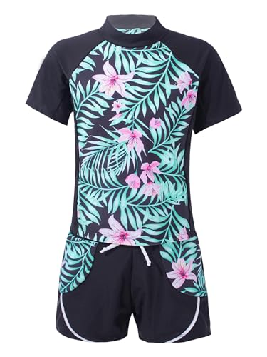 Freebily Mädchen Bademode 2-/ 3-teiliges Badeset Blumen Druck Badeanzug Kinder UV-Schutz Badebekleidung Badeshirt + Badehose in Gr. 92-176 B Lilie Rosa 134-140 von Freebily