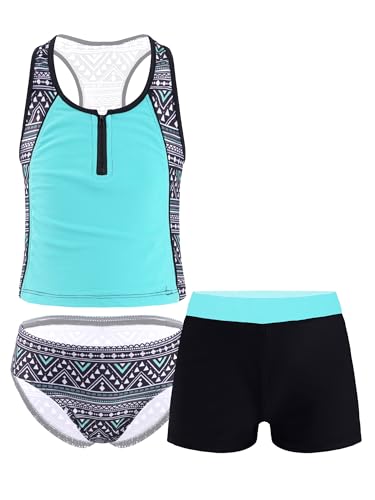 Freebily Mädchen Bademode 3pcs Tankini Bikini Set Top Slip Shorts Set Kinder Badekleidung Sport Strandbikini Gr.98-176 Minzgrün 134-140 von Freebily