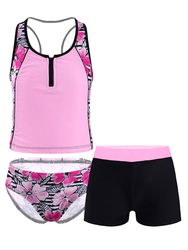 Freebily Mädchen Bademode 3pcs Tankini Bikini Set Top Slip Shorts Set Kinder Badekleidung Sport Strandbikini Gr.98-176 Rosa 122-128 von Freebily