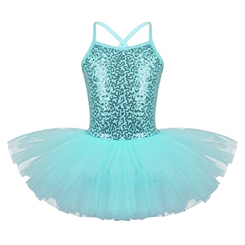 Freebily Mädchen Ballettkleid Glänzend Pailletten Ballett Trikot Ballett Tutu Rock Kinder Bühnen Tanzkleidung Gymnastikanzug Gr. 92-176 Türkis 110-116/5-6 Jahre von Freebily