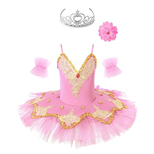 Freebily Mädchen Ballettkleidung Pailletten Tutu Ballettkleid Tanz Trikot Schwanensee Ballerina Kostüm Ballett Outfit Rosa 122-128/7-8 Jahre von Freebily