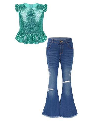 Freebily Mädchen Bekleidungssets Glänzende Pailletten T-Shirt und Ausgestellte Jeans Hose Sommer Frühling Kinder Kleidung Mädchen Freizeit Sport Outfit Türkis_A 134-140 von Freebily