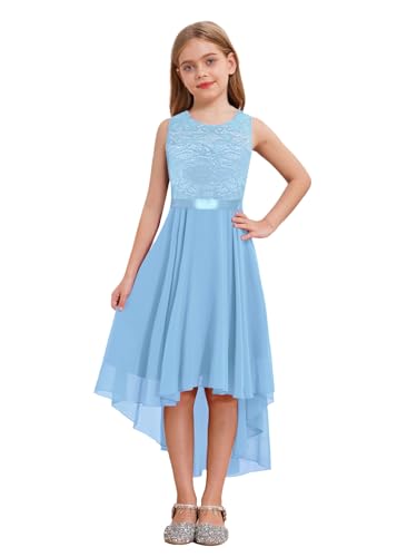 Freebily Mädchen Blumenmädchen Kleid Festlich Ärmellos Blumenspitze Prinzessin Kleid Hi-Lo Rock Hochzeit Partykleid Abendkleid Festzug Gr.110-176 Hellblau 110-116 von Freebily