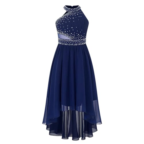 Freebily Mädchen Blumenmädchen Kleider Festlich Elegant Chiffon Prinzessin Kleid High-Low Rock Hochzeit Partykleid Festival Abendkleider Lang Marineblau 158-164 von Freebily