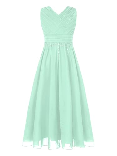 Freebily Mädchen Blumenmädchenkleider Lang Festliches Chiffon Kleid A-Linie Mit Strass Kinder Brautjungfer Hochzeit Kleid Party Festzug Kleid Minzgrün 134-140 von Freebily