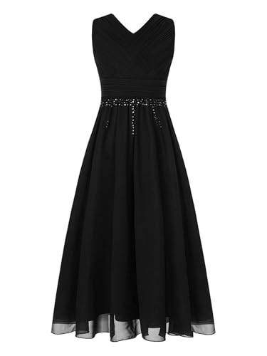 Freebily Mädchen Blumenmädchenkleider Lang Festliches Chiffon Kleid A-Linie Mit Strass Kinder Brautjungfer Hochzeit Kleid Party Festzug Kleid Schwarz 158-164 von Freebily
