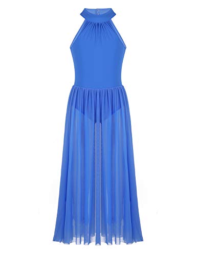 Freebily Mädchen Damen Tanz Kostüm Ärmellos Ballett Kleider Lang Tüll Kleid Lang Faltenrock Lyrische Tanzkleider Ballettoutfit Gymnastik Kleid Blau 152/12 Jahre von Freebily