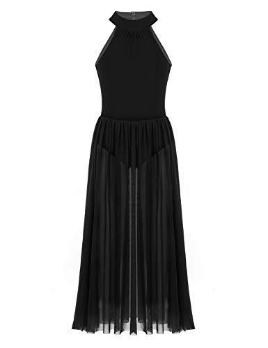 Freebily Mädchen Damen Tanz Kostüm Ärmellos Ballett Kleider Lang Tüll Kleid Lang Faltenrock Lyrische Tanzkleider Ballettoutfit Gymnastik Kleid Schwarz 152/12 Jahre von Freebily