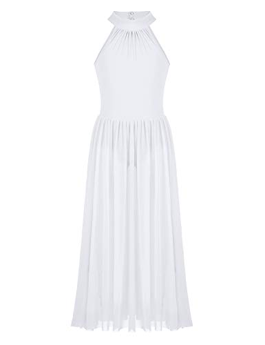 Freebily Mädchen Damen Tanz Kostüm Ärmellos Ballett Kleider Lang Tüll Kleid Lang Faltenrock Lyrische Tanzkleider Ballettoutfit Gymnastik Kleid Weiß 164/14 Jahre von Freebily