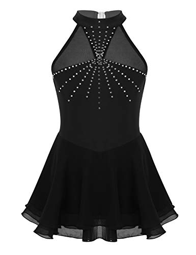 Freebily Mädchen Eiskunstlauf Kleid Neckholder Glitzer Rollschuhkleid Ballettkleid Gymnastik Trikot Leotard Body mit Rock Tanzkleidung Schwarz 170-176/15-16 Jahre von Freebily