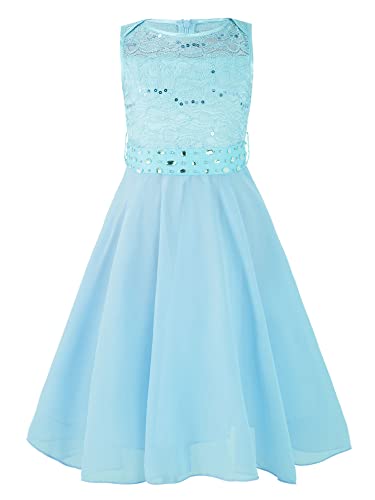 Freebily Mädchen Festliche Kleider Spitze Chiffonkleid Hochzeit Brautjungfer Blumenmädchenkleid Festzug Partykleid Prinzessin Kleider in Gr. 92-176 Hellblau 140 von Freebily