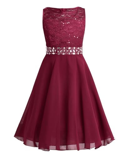 Freebily Mädchen Festliche Kleider Spitze Chiffonkleid Hochzeit Brautjungfer Blumenmädchenkleid Festzug Partykleid Prinzessin Kleider in Gr. 92-176 Rot 164 von Freebily