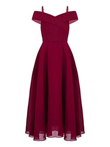 Freebily Mädchen Festliches Hochzeit Brautjungfer Kleid Schulterfrei Chiffon Spitzenkleid Erstkommunion Festzug Sommerkleid Gr. 104-176 Burgundy 140/10 Jahre von Freebily