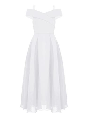 Freebily Mädchen Festliches Hochzeit Brautjungfer Kleid Schulterfrei Chiffon Spitzenkleid Erstkommunion Festzug Sommerkleid Gr. 104-176 Weiß 170-176 von Freebily