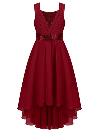 Freebily Mädchen Festliches Kleid Hochzeit Blumenmädchenkleid Pailletten Chiffon Prinzessin Kleid A-Linie Vokuhila Kleid für Party Festzug A_Burgundy 98-104 von Freebily
