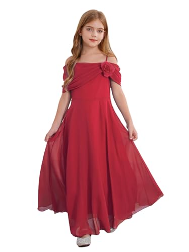 Freebily Mädchen Festliches Kleid Schulterfreies Prinzessin Kleid Blumenkinder Kleider Hochzeit Geburtstag Festzug Partykleid A-Linie Burgundy_A 134-140 von Freebily