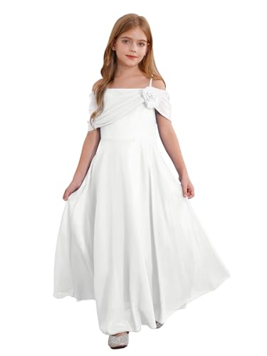 Freebily Mädchen Festliches Kleid Schulterfreies Prinzessin Kleid Blumenkinder Kleider Hochzeit Geburtstag Festzug Partykleid A-Linie Elfenbein_A 158-164 von Freebily