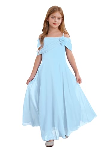 Freebily Mädchen Festliches Kleid Schulterfreies Prinzessin Kleid Blumenkinder Kleider Hochzeit Geburtstag Festzug Partykleid A-Linie Hellblau_A 146-152 von Freebily