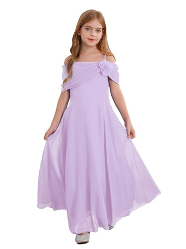 Freebily Mädchen Festliches Kleid Schulterfreies Prinzessin Kleid Blumenkinder Kleider Hochzeit Geburtstag Festzug Partykleid A-Linie Lavendel_A 122-128 von Freebily