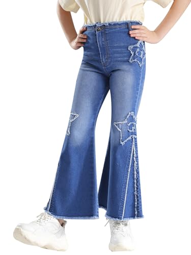Freebily Mädchen Jeans Schlaghose Elastische Taille Kinder Denim Jeans Bell Bottom Mit Sternaufnäher Vintage Y2k Trousers Blau 146-152 von Freebily