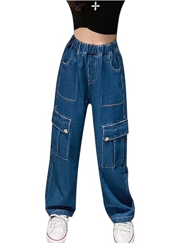 Freebily Mädchen Jeanshosen mit Weitem Bein Kinder Denim Jeans Cargo Hose mit Taschen Elastische Taille Casual Jogger Track Pants Streetwear Blau_A 146-152 von Freebily