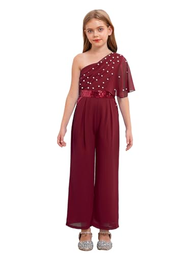 Freebily Mädchen Jumpsuit Festlich Elegant Ein-Schulter Plissee Rüschen Overall Lang Mit Perlen Hochezeit Hosenanzug Gr. 110-164 Burgundy 158-164 von Freebily