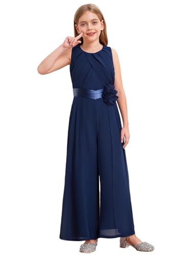 Freebily Mädchen Jumpsuit Festlich Elegant Overall Lang ärmellos Plissee Weites Bein Hose Mit Blumen-Gürtel Navy blau 146-152 von Freebily