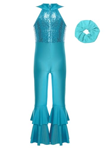Freebily Mädchen Kinder Tanzsoutfit Glitzer Metallic 70er 80er Disco Jumpsuit Schlag Leggings Mit Haarummi Set Show Party Performance Outfit Blau 134-140 von Freebily