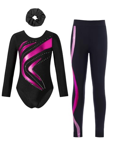 Freebily Mädchen Kinder Turnanzug Mit Langer Hose Und Haargummi 3pcs Set Langarm Patchwork Gymnastik Trikot Leggings Hotpink 122-128 von Freebily