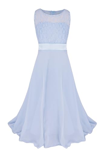 Freebily Mädchen Kleid Festlich Blumenmädchenkleid Hochzeit Elegant Blumenspitze Prinzessin Kleid Partykleid Lang Gr. 104-176 Himmelblau 134 von Freebily