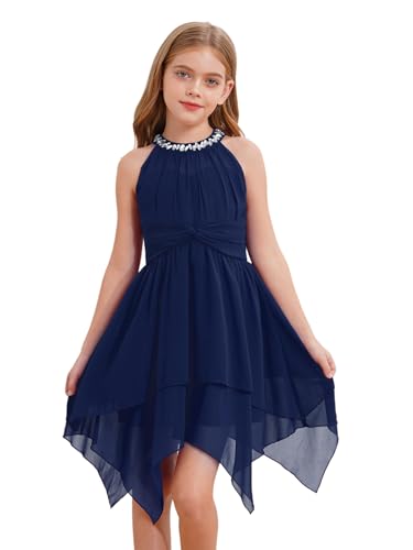Freebily Mädchen Kleid Festlich Neckholder A Linie Chiffonkleid Mit Strass Kinder Hochzeit Partykleid Festzug Prinzessin Kleid Marineblau 134-140 von Freebily