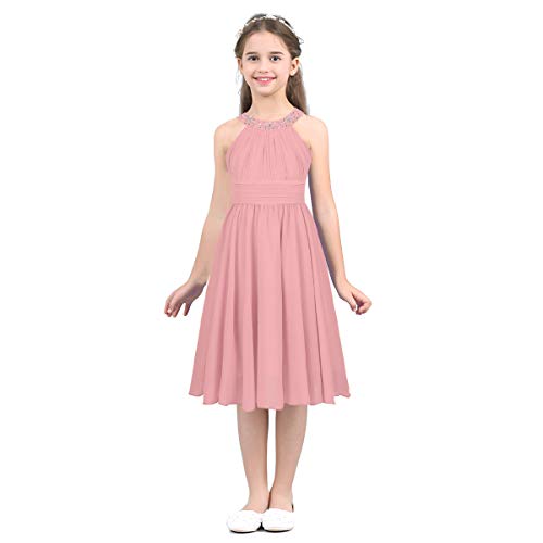 Freebily Mädchen Kleid Festlich Neckholder Prinzessin Kleid Chiffon Brautjungfer Blumenmädchenkleid für Hochzeit Party Festzug Rosa 152 von Freebily