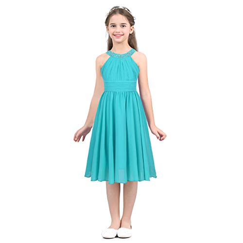 Freebily Mädchen Kleid Festlich Neckholder Prinzessin Kleid Chiffon Brautjungfer Blumenmädchenkleid für Hochzeit Party Festzug Türkis 164 von Freebily