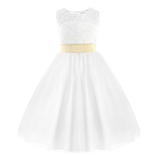 Freebily Mädchen Kleid Prinzessin Kleid Spitze Brautkleid Hochzeit Blumenmädchen Kleider Partykleid Cocktailkleid Taufkleid Kommunionkleid Weiß Rückenfrei 122-128 von Freebily