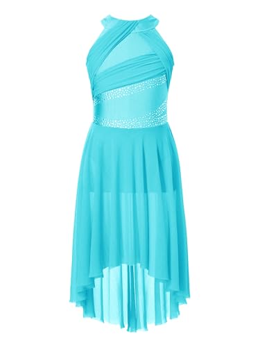 Freebily Mädchen Lyrisch Tanzkleid Glitzer Neckholder Eiskunstlauf Kleid Tanzbody Mit Hi-Lo Rock Kinder Ballettkleidung Lyrical Tanzkleidung Hellblau 158-164 von Freebily