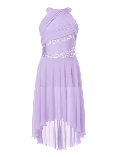Freebily Mädchen Lyrisch Tanzkleid Glitzer Neckholder Eiskunstlauf Kleid Tanzbody Mit Hi-Lo Rock Kinder Ballettkleidung Lyrical Tanzkleidung Lavendel 146-152 von Freebily