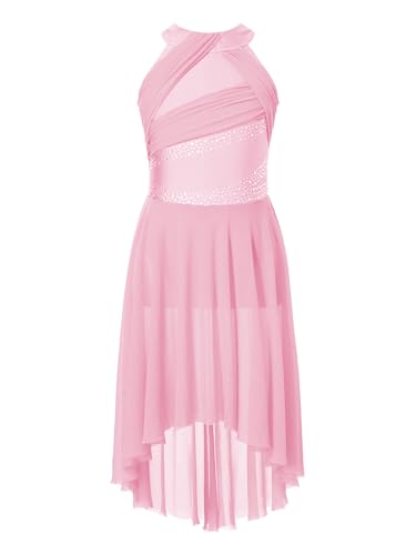 Freebily Mädchen Lyrisch Tanzkleid Glitzer Neckholder Eiskunstlauf Kleid Tanzbody Mit Hi-Lo Rock Kinder Ballettkleidung Lyrical Tanzkleidung Rosa 134-140 von Freebily
