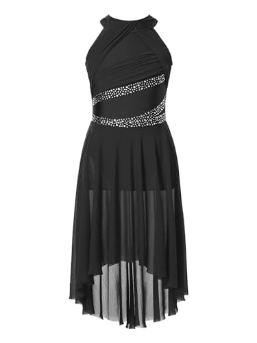Freebily Mädchen Lyrisch Tanzkleid Glitzer Neckholder Eiskunstlauf Kleid Tanzbody Mit Hi-Lo Rock Kinder Ballettkleidung Lyrical Tanzkleidung Schwarz 170-176 von Freebily