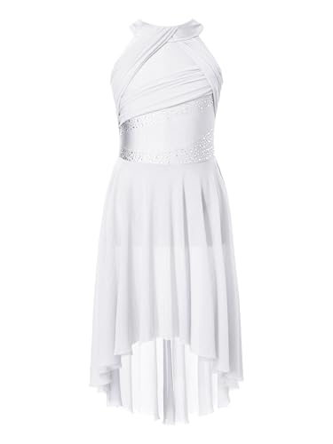 Freebily Mädchen Lyrisch Tanzkleid Glitzer Neckholder Eiskunstlauf Kleid Tanzbody Mit Hi-Lo Rock Kinder Ballettkleidung Lyrical Tanzkleidung Weiß 134-140 von Freebily