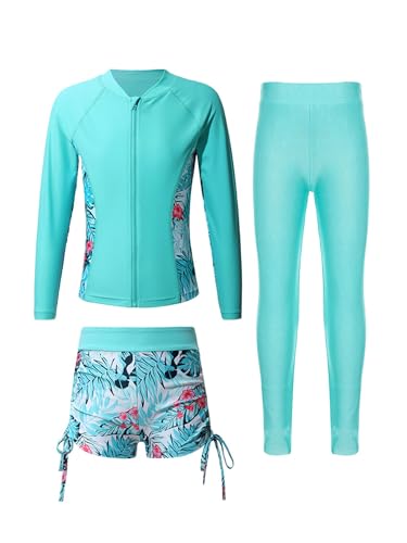 Freebily Mädchen Rashguard Badeanzug 3 Teiler Set Lange Ärmel UV Schutz Oberteil Hosen Shorts Kinder Sonnenschutz Schwimmbekleidung Hellgrün_A 110-116 von Freebily