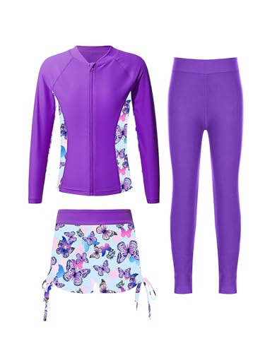 Freebily Mädchen Rashguard Badeanzug 3 Teiler Set Lange Ärmel UV Schutz Oberteil Hosen Shorts Kinder Sonnenschutz Schwimmbekleidung Violett_A 110-116 von Freebily