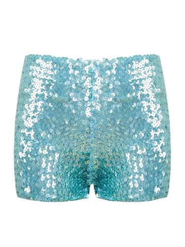 Freebily Mädchen Shorts Glänzend Pailletten Gymnastik Turnshorts Fitness Tanz Sportshorts Hose Kurz Bühne Tanzkostüm Sky Blue 140-176 von Freebily