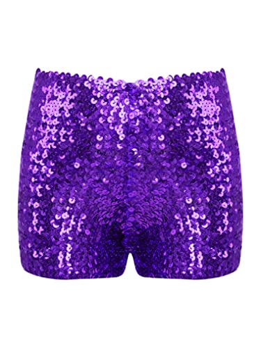 Freebily Mädchen Shorts Glänzend Pailletten Gymnastik Turnshorts Fitness Tanz Sportshorts Hose Kurz Bühne Tanzkostüm Violett 140-176 von Freebily