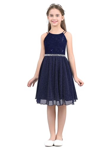 Freebily Mädchen Kleid Festlich Hochzeit Brautjungfern Blumenmädchen Kleid Elegantes Neckholder Prinzessin Kleid Partykleid Ballkleid A-Linie Marineblau 152 von Freebily